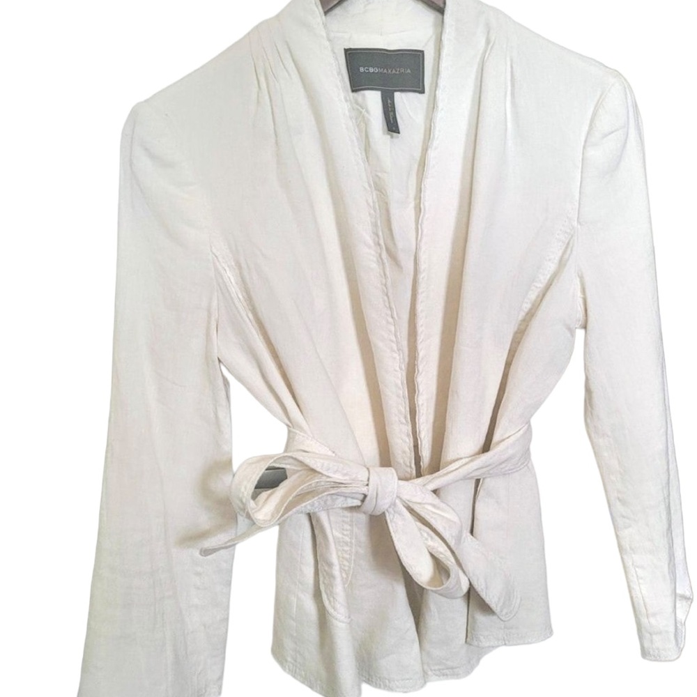 bcbg max azria white linen v neck crossover waist tie jacket blazer